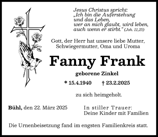 Traueranzeige von Fanny Frank von Günzburger Zeitung