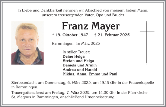 Traueranzeige von Franz Mayer von Mindelheimer Zeitung