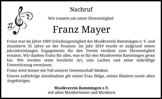 Traueranzeige von Franz Mayer von Mindelheimer Zeitung