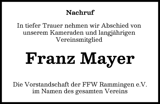 Traueranzeige von Franz Mayer von Mindelheimer Zeitung