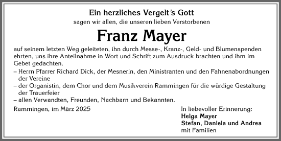 Traueranzeige von Franz Mayer von Mindelheimer Zeitung