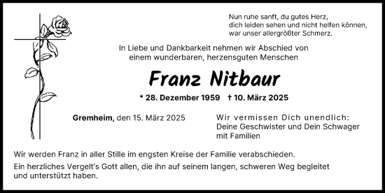 Traueranzeige von Franz Nitbaur von Donau Zeitung