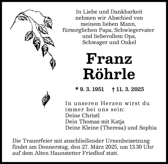Traueranzeige von Franz Röhrle von Augsburger Allgemeine