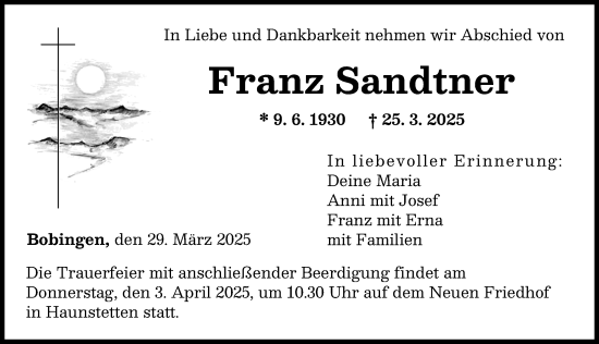 Traueranzeige von Franz Sandtner von Augsburger Allgemeine