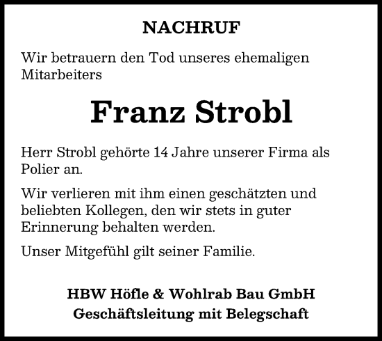 Traueranzeige von Franz Strobl von Günzburger Zeitung