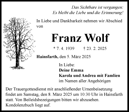 Traueranzeige von Franz Wolf von Rieser Nachrichten