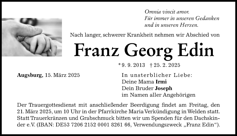  Traueranzeige für Franz Georg Edin vom 15.03.2025 aus Augsburger Allgemeine