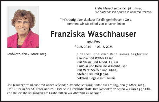 Traueranzeige von Franziska Waschhauser von Günzburger Zeitung