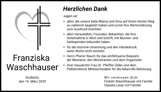 Traueranzeige von Franziska Waschhauser von Günzburger Zeitung