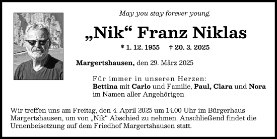 Traueranzeige von Franz Niklas  von Augsburg-Land