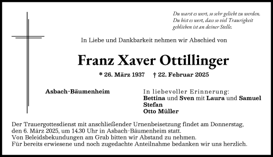 Traueranzeige von Franz Xaver Ottillinger von Donauwörther Zeitung
