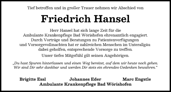 Traueranzeige von Friedrich Hansel von Mindelheimer Zeitung