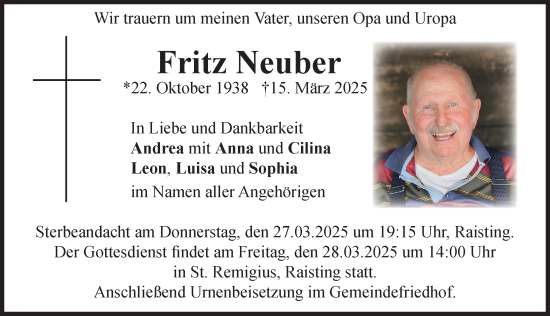 Traueranzeige von Fritz Neuber von Ammersee Kurier