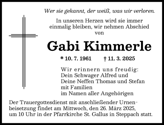 Traueranzeige von Gabi Kimmerle von Augsburger Allgemeine