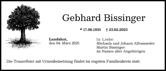 Traueranzeige von Gebhard Bissinger von Schwabmünchner Allgemeine