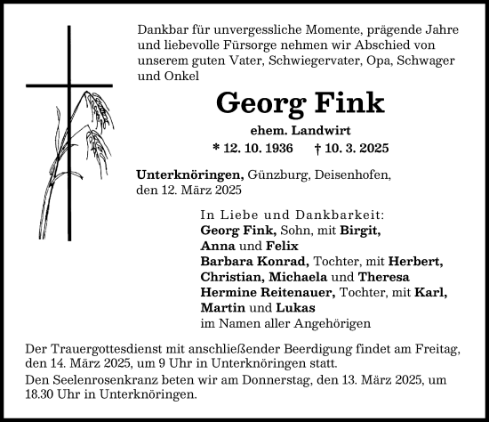 Traueranzeige von Georg Fink von Günzburger Zeitung