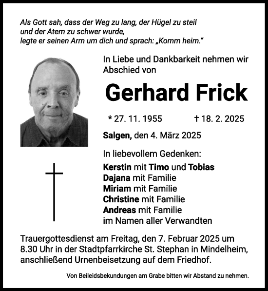 Traueranzeige von Gerhard Frick von Mindelheimer Zeitung