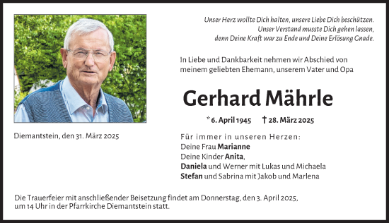 Traueranzeige von Gerhard Mährle von Rieser Nachrichten, Donau Zeitung
