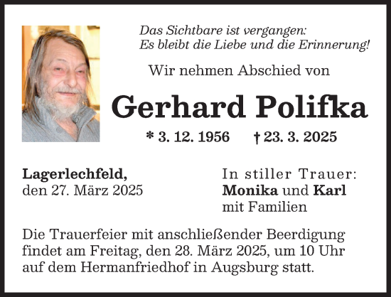 Traueranzeige von Gerhard Polifka von Schwabmünchner Allgemeine