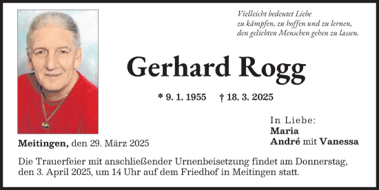 Traueranzeige von Gerhard Rogg von Augsburg-Land