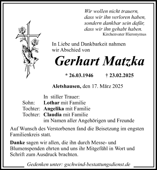 Traueranzeige von Gerhart Matzka von Mittelschwäbische Nachrichten