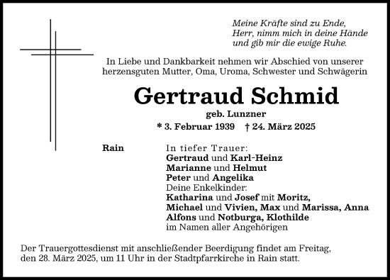 Traueranzeige von Gertraud Schmid von Neuburger Rundschau, Donauwörther Zeitung
