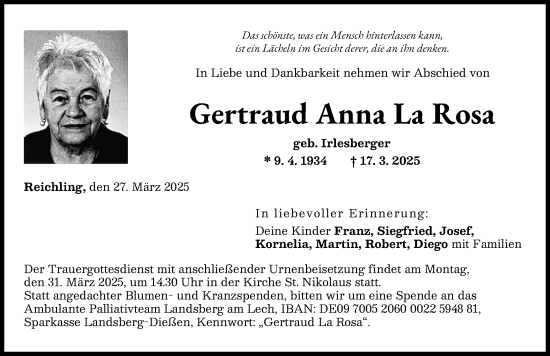 Traueranzeige von Gertraud Anna La Rosa von Landsberger Tagblatt