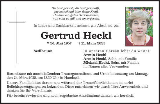 Traueranzeige von Gertrud Heckl von Aichacher Nachrichten