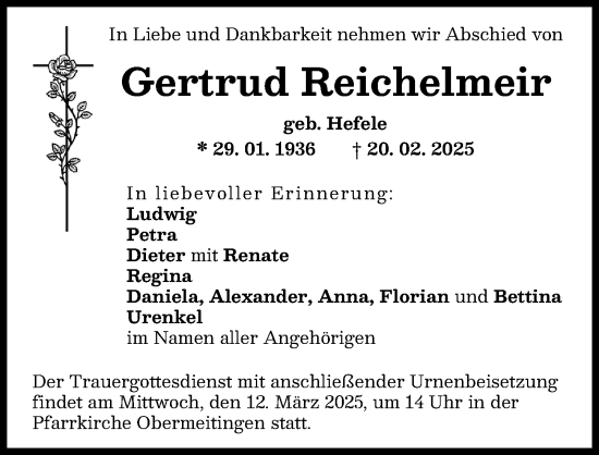 Traueranzeige von Gertrud Reichelmeir von Landsberger Tagblatt