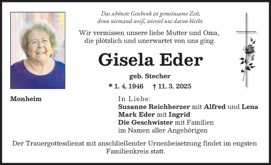 Traueranzeige von Gisela Eder von Donauwörther Zeitung