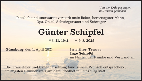Traueranzeige von Günter Schipfel von Günzburger Zeitung
