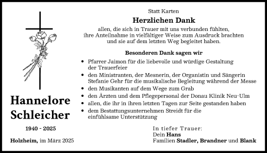 Traueranzeige von Hannelore Schleicher von Neu-Ulmer Zeitung