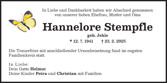 Traueranzeige von Hannelore Stempfle von Friedberger Allgemeine