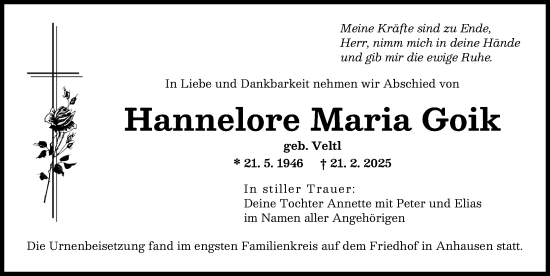 Traueranzeige von Hannelore Maria Goik von Augsburger Allgemeine