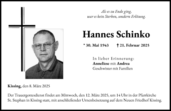 Traueranzeige von Hannes Schinko von Friedberger Allgemeine