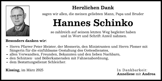 Traueranzeige von Hannes Schinko von Friedberger Allgemeine