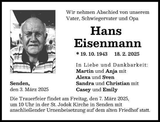 Traueranzeige von Hans Eisenmann von Neu-Ulmer Zeitung