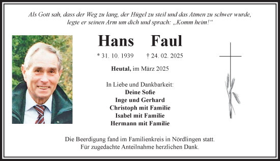 Traueranzeige von Hans Faul von Rieser Nachrichten