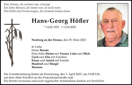 Traueranzeige von Hans-Georg Höfler von Neuburger Rundschau