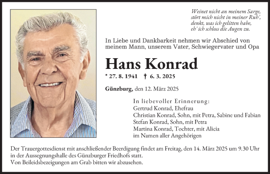 Traueranzeige von Hans Konrad von Günzburger Zeitung