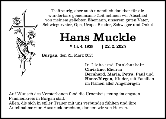 Traueranzeige von Hans Muckle von Günzburger Zeitung
