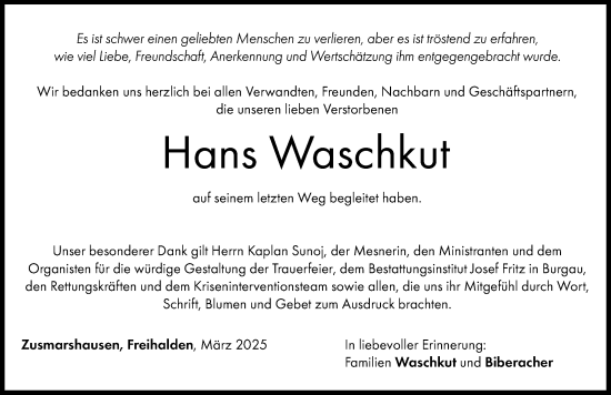 Traueranzeige von Hans Waschkut von Augsburger Allgemeine