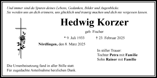 Traueranzeige von Hedwig Korzer von Rieser Nachrichten