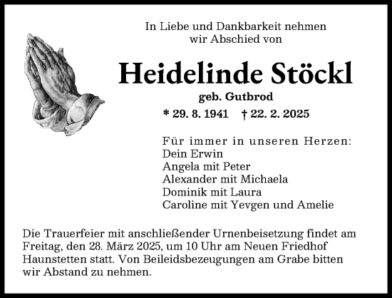 Traueranzeige von Heidelinde Stöckl von Augsburger Allgemeine