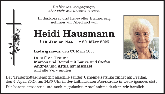 Traueranzeige von Heidi Hausmann von Neuburger Rundschau