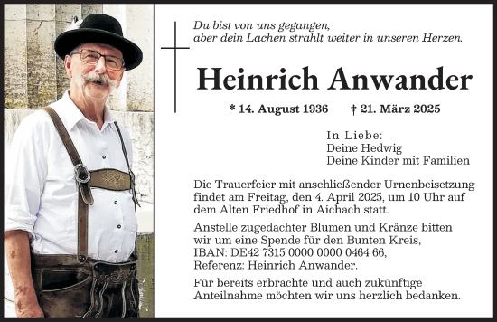 Traueranzeige von Heinrich Anwander von Augsburger Allgemeine