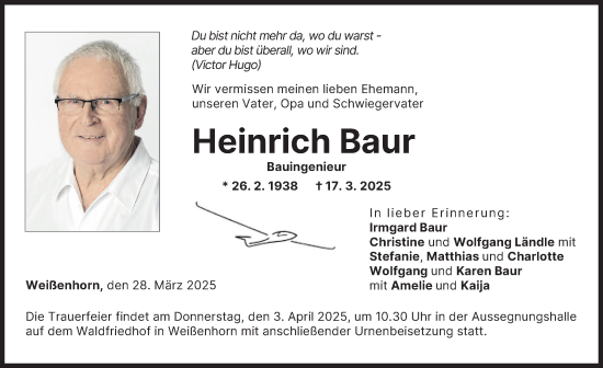 Traueranzeige von Heinrich Baur von Neu-Ulmer Zeitung