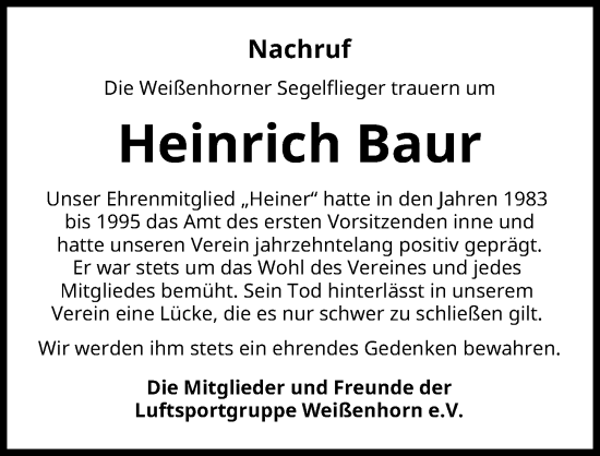 Traueranzeige von Heinrich Baur von Neu-Ulmer Zeitung