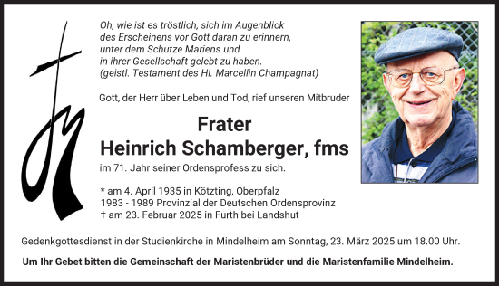 Traueranzeige von Heinrich Schamberger von Mindelheimer Zeitung