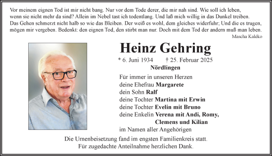 Traueranzeige von Heinz Gehring von Rieser Nachrichten